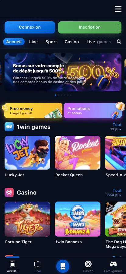 1win Application mobile Capture decran 1